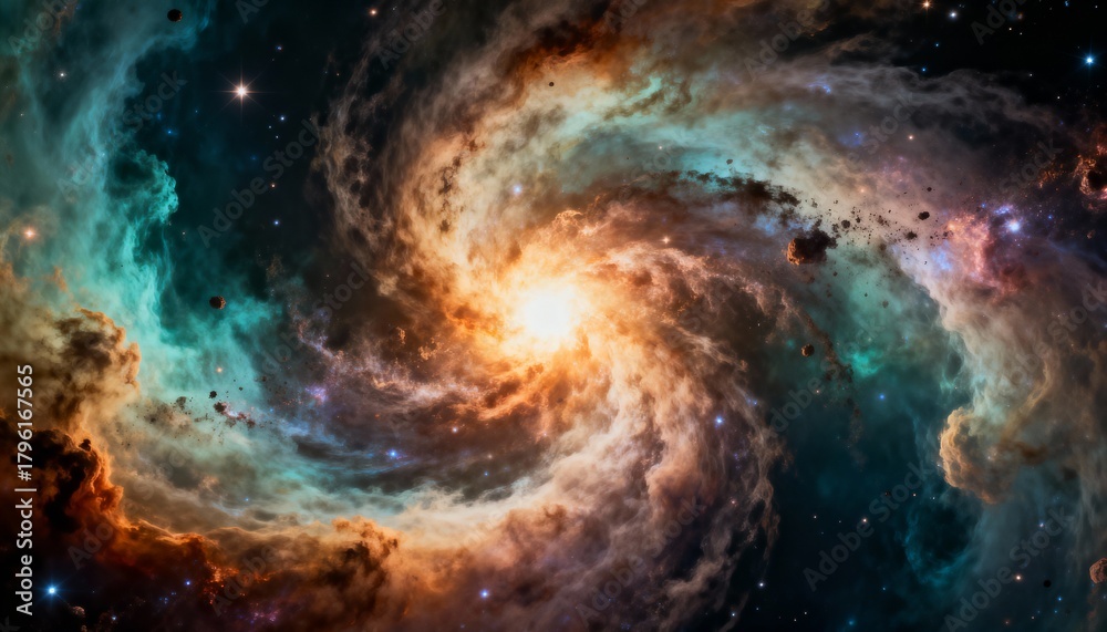 Obraz premium A vibrant, swirling galaxy showcasing a bright central core and colorful nebulas.