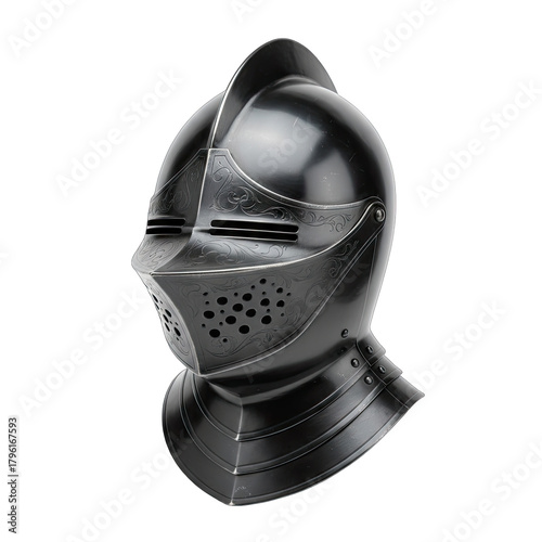 Black medieval knight helmet with intricate details and metallic finish isolated on a dark background with studio lighting