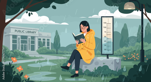 Reading amidst the raindrops, woman finds solace in literature near library