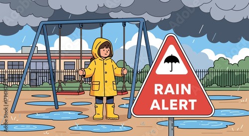 Illustrative rainy day scene at the playground with caution advisory message