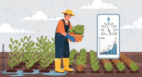 Farmer harvesting produce in the rain while monitoring humidity levels