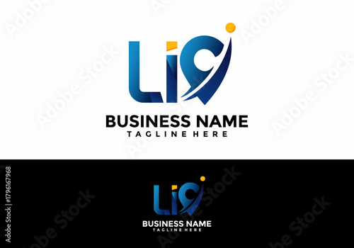 LiG" Lettermark Logo Design Featuring a Stylized 'G' Location Icon Pin with Integrated Swoosh Element and Orange Dot Accents, Presented in Blue and White Color Variations for Business Branding