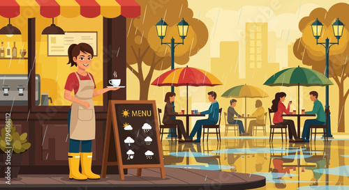 Cozy cafe scene with patrons enjoying drinks under umbrellas on a rainy day