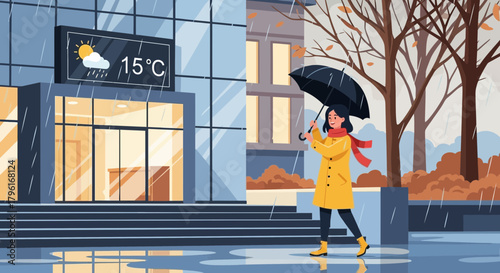 Autumn city walk: Woman with umbrella in rainy weather illustration vector