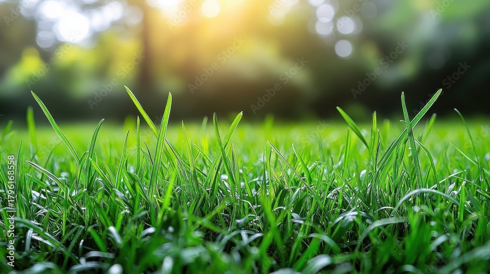 Naklejka premium Close-up of vibrant green grass blades with a blurred background of trees and sunlight