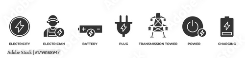 Connecting Energy and Innovation Icons set vector illustration glyph with Electricity , Electrician, Battery, Plug, Transmission tower, Power, Charging
