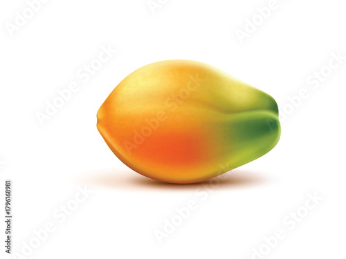 Close up view of papaya fruit showing gradient of green yellow and orange on white background