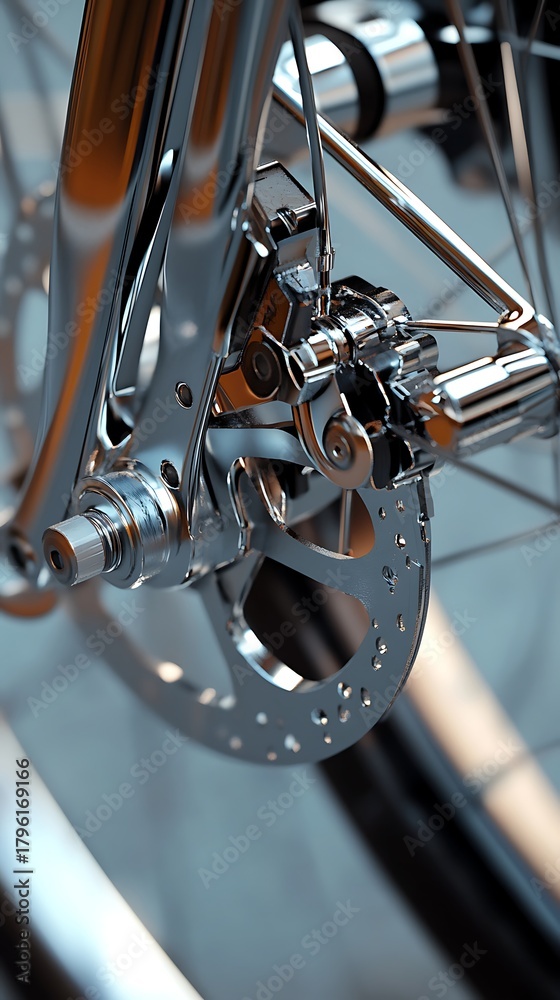 Obraz premium Close up detail of a shiny chrome disc brake system on the rear wheel of a bicycle