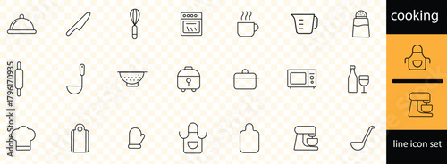 Kitchen utensils doodle icon set. Cute hand drawn sketch illustrations of knife, pan, strainer, spatula, whisk, board, ladle, bowl. Black and white art for cooking tools