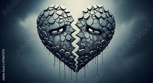 Broken Heart Shaped Cracked Stone with Tears in Dark Cloudy Sky Emotional Concept