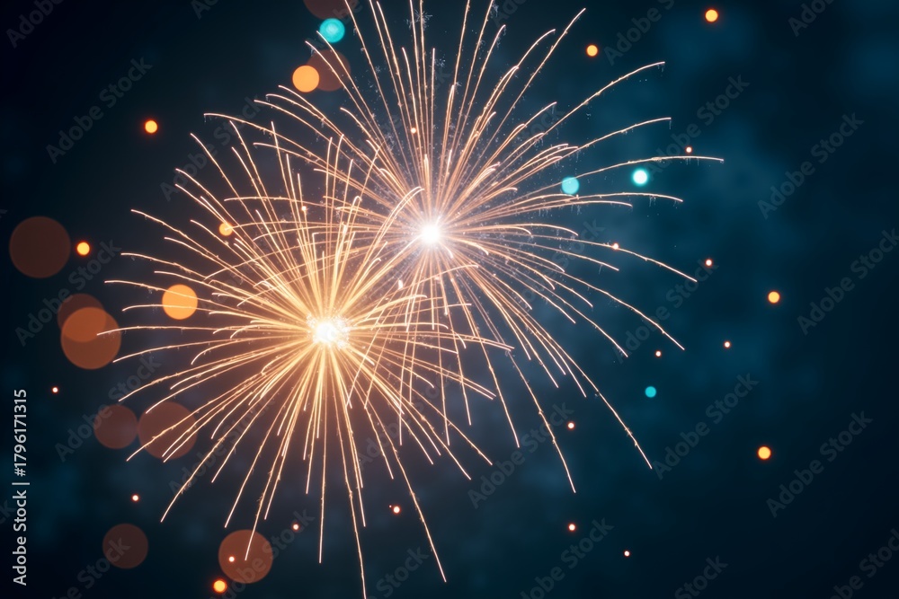 Obraz premium Golden fireworks burst in night sky, glowing sparks against dark backdrop with blurred bokeh lights and festive celebration atmosphere.