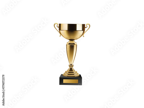 golden trophy with handles on black base against plain white background image view