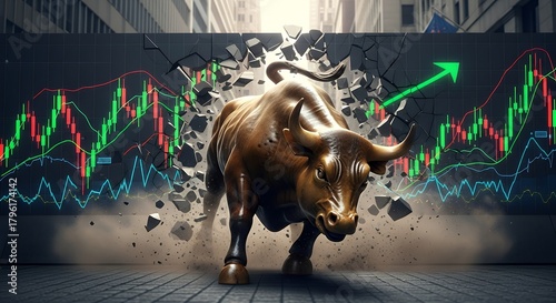 Bull Breaking Through Wall with Stock Market Graphs and Upward Arrows in Financial Trading Scene
