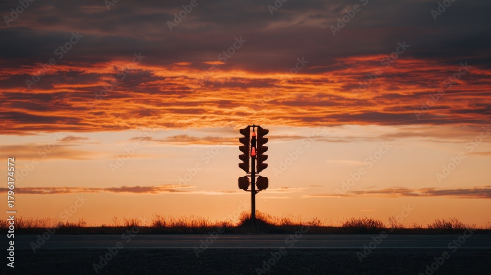 Obraz premium Sunset traffic light silhouetted against fiery sky