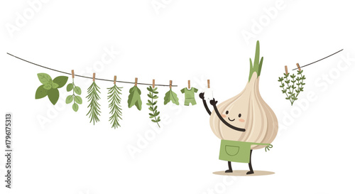 A Cheerful Garlic Bulb Character With Herbs and Laundry Hanging on a Line