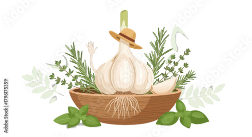 A Cheerful Garlic Bulb With Herbs and A Smiling Expression on a Black Background