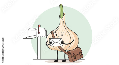 A Cheerful Garlic Character Delivering Mail With A Charming Little Messenger Bag