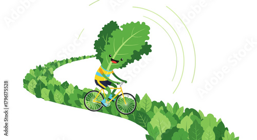 A Cheerful Kale Character Embarks on a Bicycle Journey Through a Lush Green Landscape