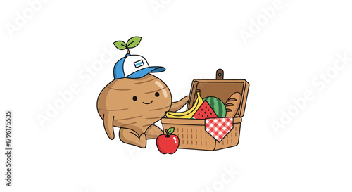 A Cute Picnic Illustration Featuring a Happy Root Vegetable With Food and A Basket