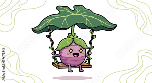 A Cute Vegetable Character on a Swing with a Leaf Umbrella on Black Background
