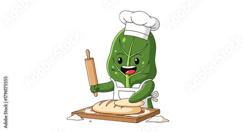 A Cheerful Leaf Character Baking Bread On A Wooden Board For A Delicious Meal