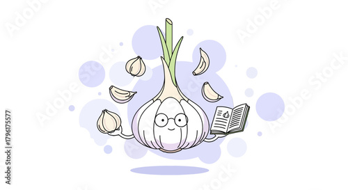 A Delightful Cartoon Garlic Reads a Cookbook amidst Flavorful Garlic Cloves