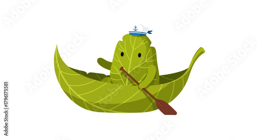 A Cheerful Leaf Character Sailing a Boat through a Dark, Mysterious Existence, Conceptual