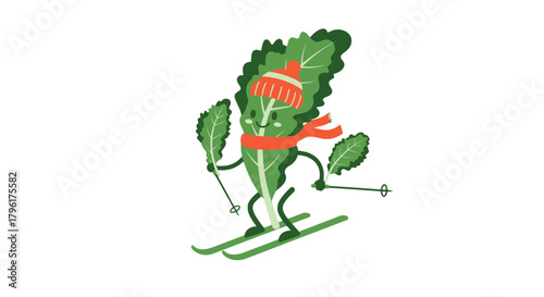 A Cheerful Leafy Vegetable Skiing Down a Snowy Slope with Winter Accessories