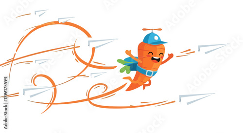 A Cheerful Mascot Carrot Soars Through The Sky With Paper Airplanes Illustration