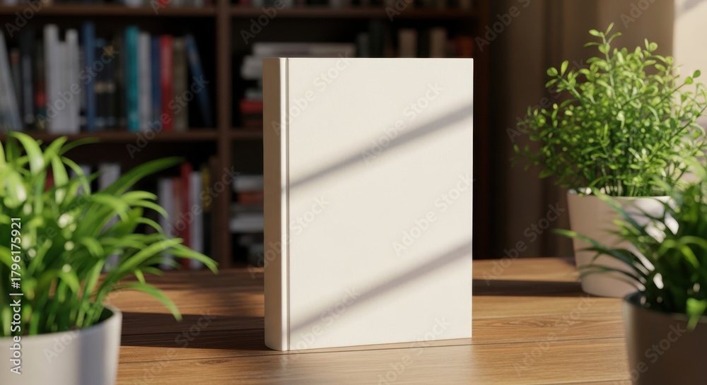 Fototapeta premium Book among plants with bookshelf background and light shadow