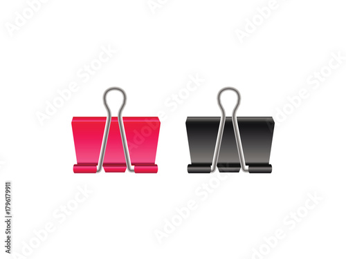 pair of binder clips one pink and one black sitting side by side on white background space