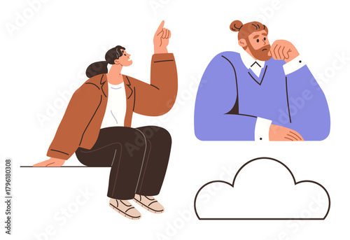Two people engaged in idea discussion and contemplation with a cloud shape representing concepts. Ideal for teamwork, creativity, brainstorming, innovation, solutions, thinking and communication in