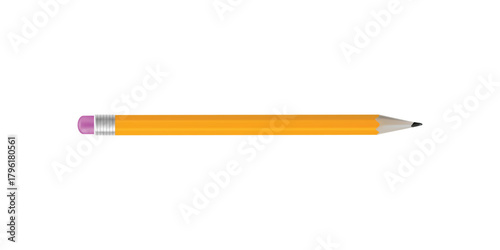 yellow pencil with pink eraser on white background in horizontal composition view