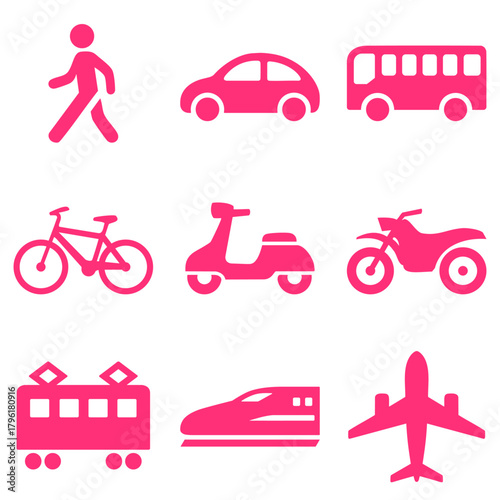 交通機関・移動手段のアイコン マゼンタカラーの交通イラスト9種類セット