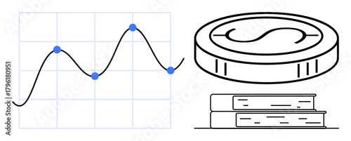 Graph with upward trendline, stacked books, and coin highlighting economic success, education, and investment. Ideal for finance, education, business growth, profitability funding academic
