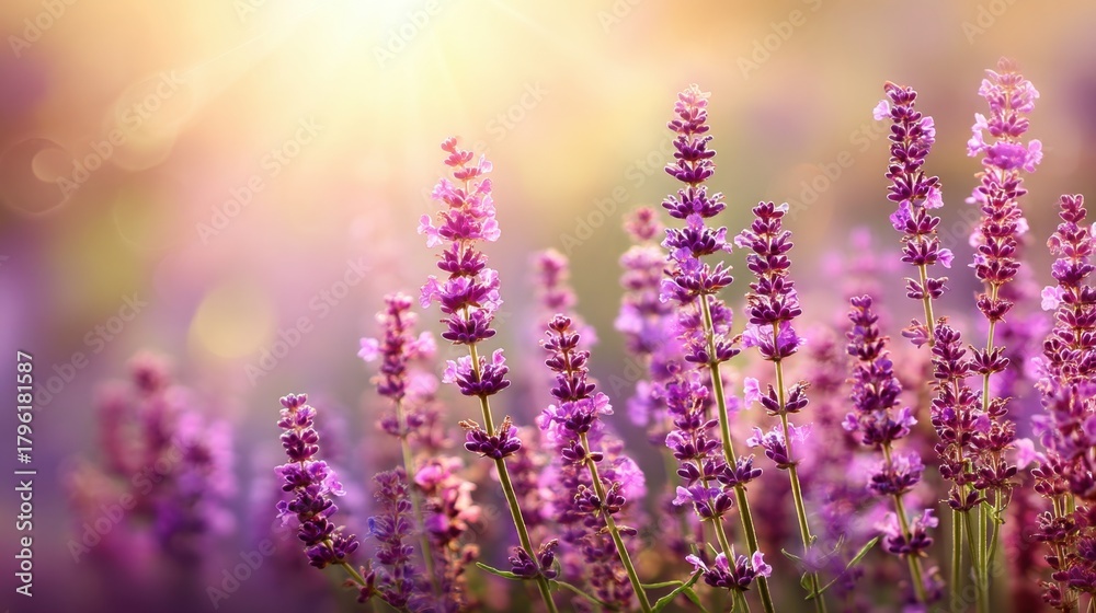 Obraz premium Beautiful Lavender Field Bathed in Golden Light, Capturing the Essence of Nature's Serenity and Grace with Vibrant Purple Blooms and Soft Background Bokeh