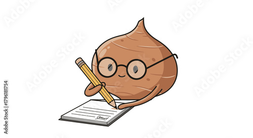 A Jovial Root Vegetable Person With Glasses Writing On A Notepad Illustration