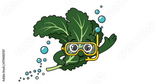 A Leafy Vegetable Diver Underwater Adventure With Bubbles Swimming In Marine Environment