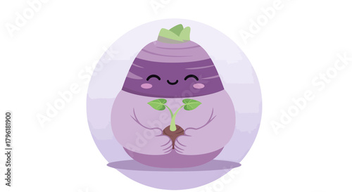 A Smiling Cartoon Turnip Character Embraces a Young Sprout in a Loving Gesture