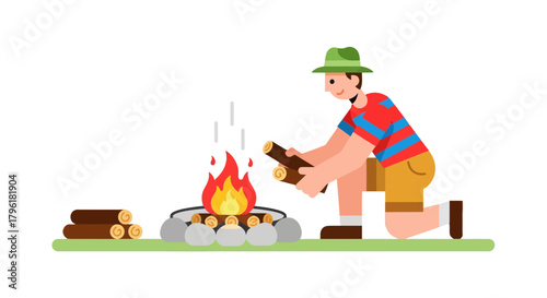 A Person Building A Campfire In A Field During The Dusk Hour, With Logs