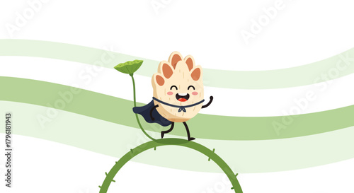 A Smiling Plant-Like Hero Running Through a Green Striped Background Illustration