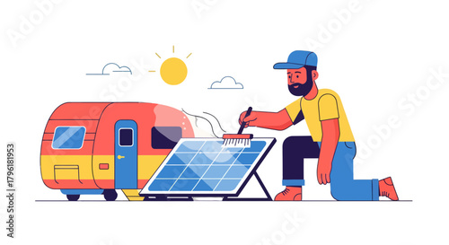 A Person Cleaning Solar Panels Near A Caravan for Renewable Energy Generation