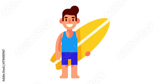 A Smiling Surfer Standing Proudly, Holding His Surfboard, Cartoon Illustration Design
