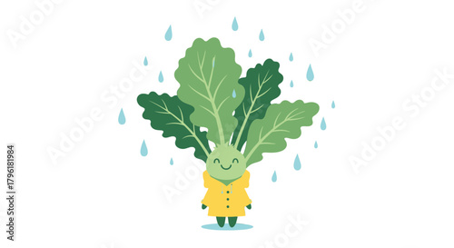 A Smiling Vegetable Character Wearing a Yellow Raincoat in a Downpour of Rain