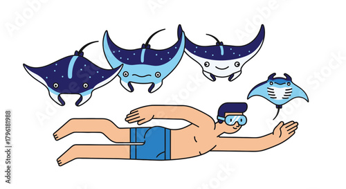 A Snorkeler Swims With Manta Rays In The Deep Sea With A Black Background