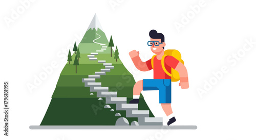 A Person Climbing Mountains Path Towards The Summit, Adventure, Success and Achievement