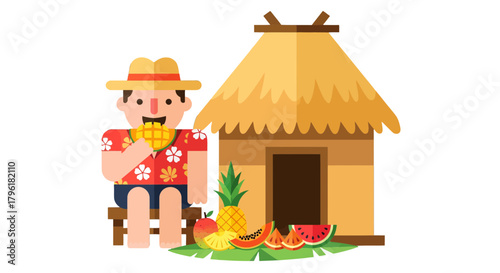 A Tropical Paradise: Vibrant Illustration Of A Relaxed Person Enjoying Exotic Fruits