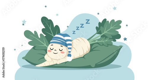 A Vegetable Character Comfortably Sleeping Under the Night Sky on a Soft Bed