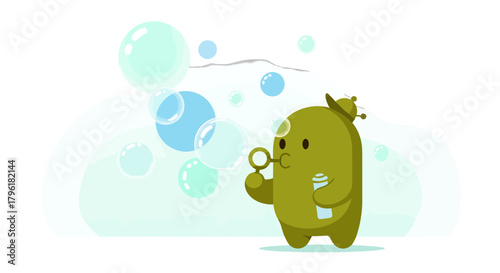 A Whimsical Alien Character Blowing Bubbles Surrounded By Playful Soapy Spheres