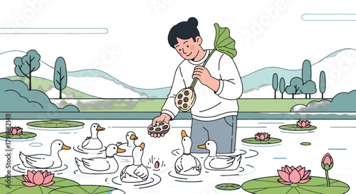 A Person Feeds Ducks Near Lotus Flowers, Amidst a Mountainous Landscape